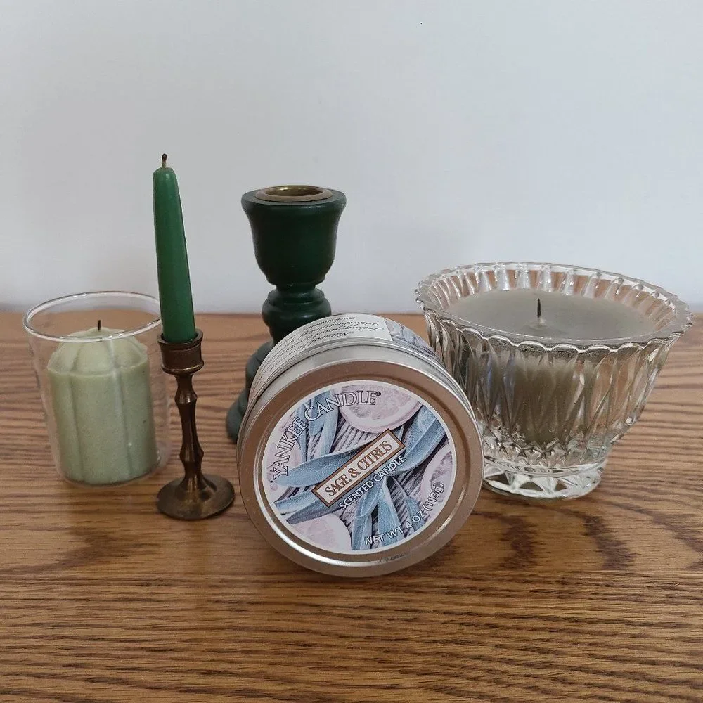 Mixed Sage Green Candle Lot Including Yankee Candle And Mini Brass Candleholder